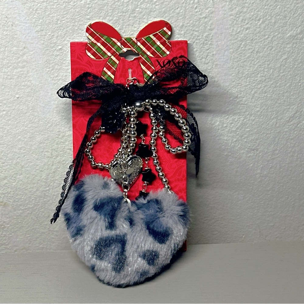 Gothic Faux Fur Heart Keychain with Beaded Charms (SET OF TWO)
